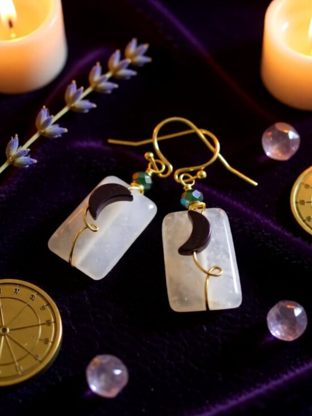 HANDMADE!!! OOAK! Feminine Essence! Quartz + Purple Moon Dangle Earrings